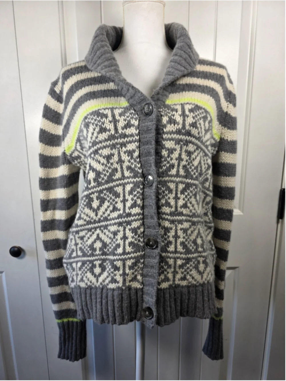 Gap Lambswool Blend Fair Isle Cardigan Sweater L Gray Ivory Shawl Collar Nordic